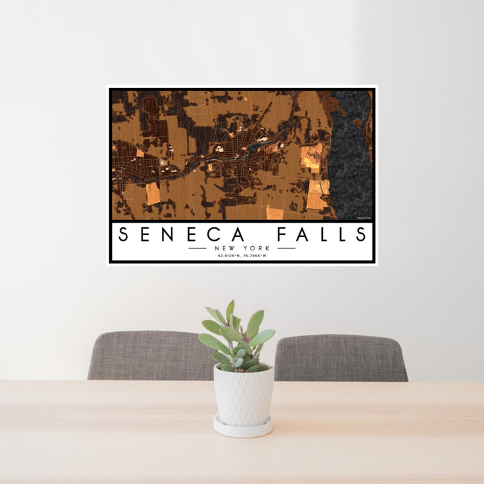 24x36 Seneca Falls New York Map Print Landscape Orientation in Ember Style Behind 2 Chairs Table and Potted Plant