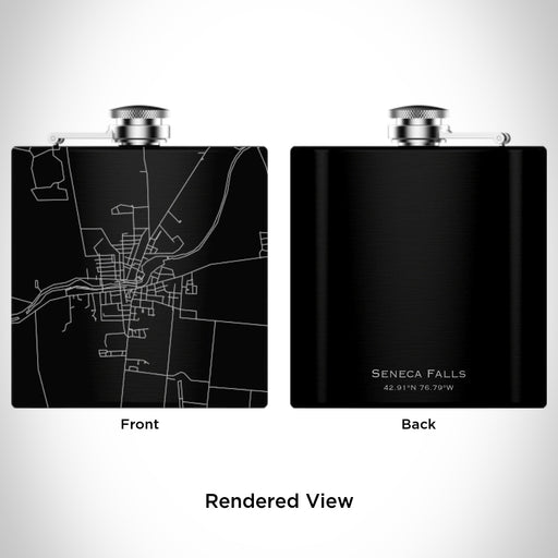 Rendered View of Seneca Falls New York Map Engraving on 6oz Stainless Steel Flask in Black