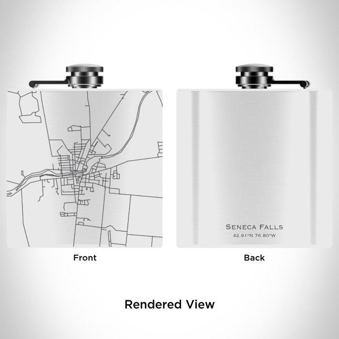 Rendered View of Seneca Falls New York Map Engraving on 6oz Stainless Steel Flask in White