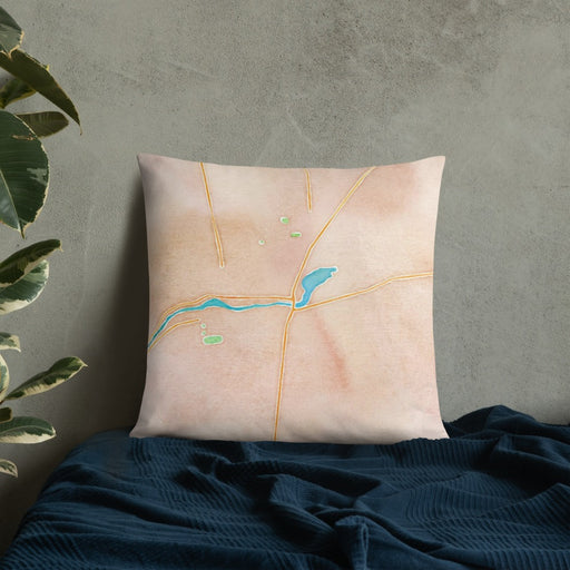 Custom Seneca Falls New York Map Throw Pillow in Watercolor on Bedding Against Wall