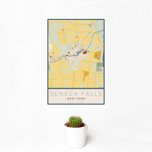 12x18 Seneca Falls New York Map Print Portrait Orientation in Woodblock Style With Small Cactus Plant in White Planter