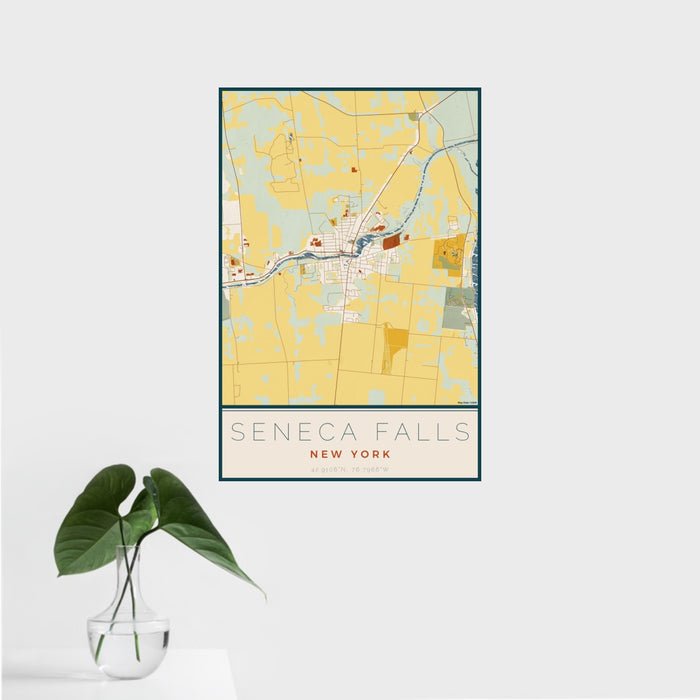 16x24 Seneca Falls New York Map Print Portrait Orientation in Woodblock Style With Tropical Plant Leaves in Water