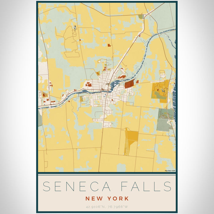 Seneca Falls New York Map Print Portrait Orientation in Woodblock Style With Shaded Background