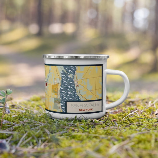 Right View Custom Seneca Falls New York Map Enamel Mug in Woodblock on Grass With Trees in Background