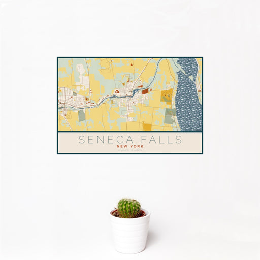 12x18 Seneca Falls New York Map Print Landscape Orientation in Woodblock Style With Small Cactus Plant in White Planter