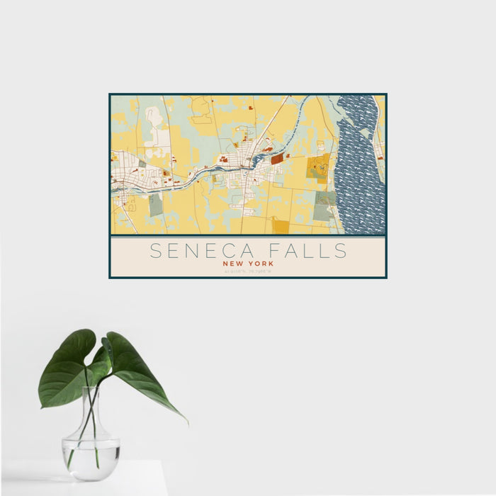 16x24 Seneca Falls New York Map Print Landscape Orientation in Woodblock Style With Tropical Plant Leaves in Water