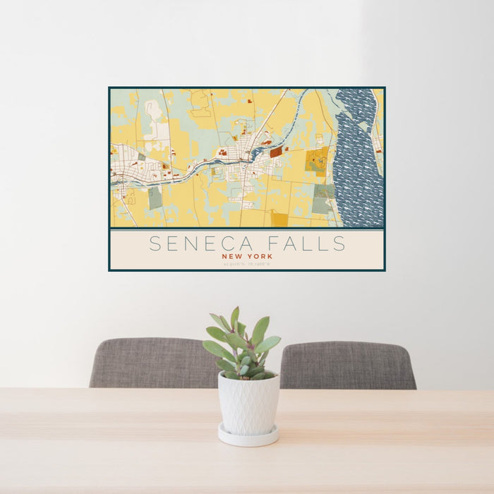 24x36 Seneca Falls New York Map Print Landscape Orientation in Woodblock Style Behind 2 Chairs Table and Potted Plant