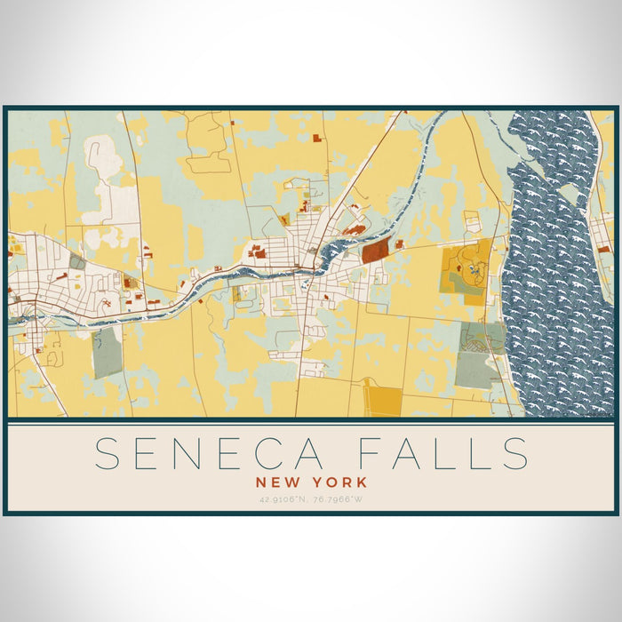 Seneca Falls New York Map Print Landscape Orientation in Woodblock Style With Shaded Background