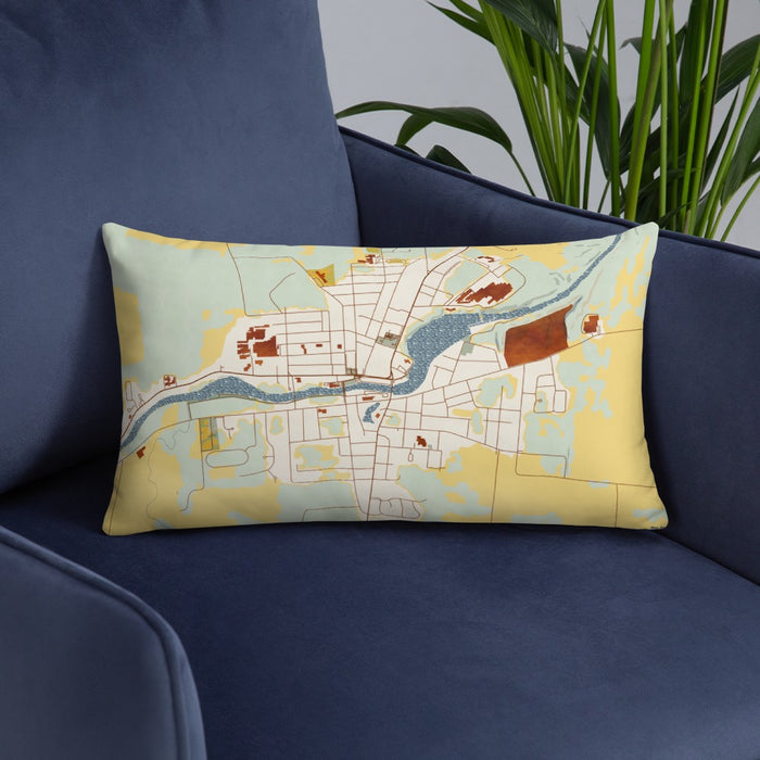 Custom Seneca Falls New York Map Throw Pillow in Woodblock on Blue Colored Chair