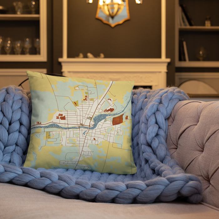 Custom Seneca Falls New York Map Throw Pillow in Woodblock on Cream Colored Couch