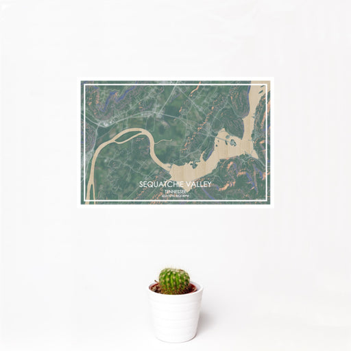 12x18 Sequatchie Valley Tennessee Map Print Landscape Orientation in Afternoon Style With Small Cactus Plant in White Planter
