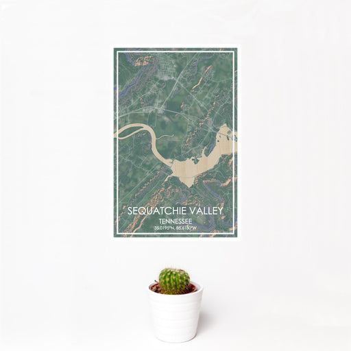 12x18 Sequatchie Valley Tennessee Map Print Portrait Orientation in Afternoon Style With Small Cactus Plant in White Planter
