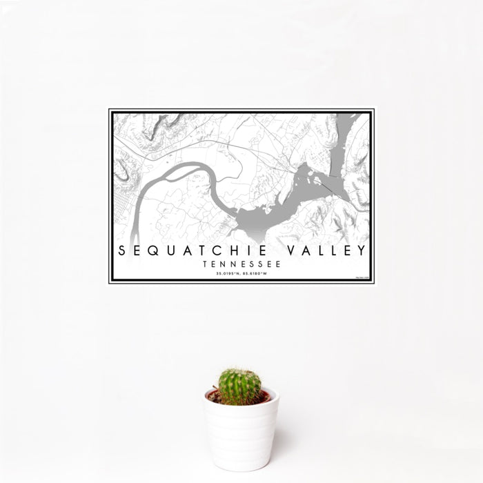12x18 Sequatchie Valley Tennessee Map Print Landscape Orientation in Classic Style With Small Cactus Plant in White Planter