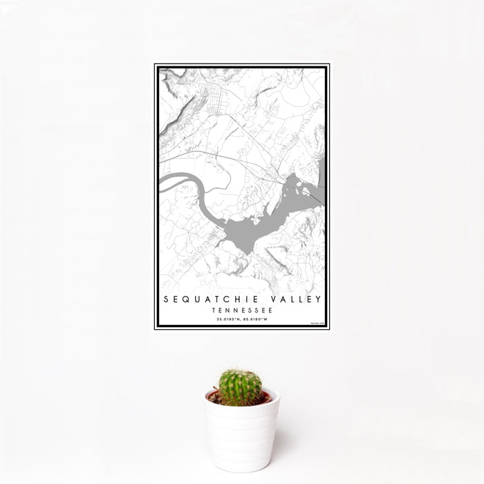 12x18 Sequatchie Valley Tennessee Map Print Portrait Orientation in Classic Style With Small Cactus Plant in White Planter