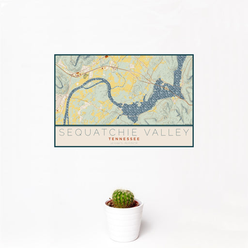 12x18 Sequatchie Valley Tennessee Map Print Landscape Orientation in Woodblock Style With Small Cactus Plant in White Planter