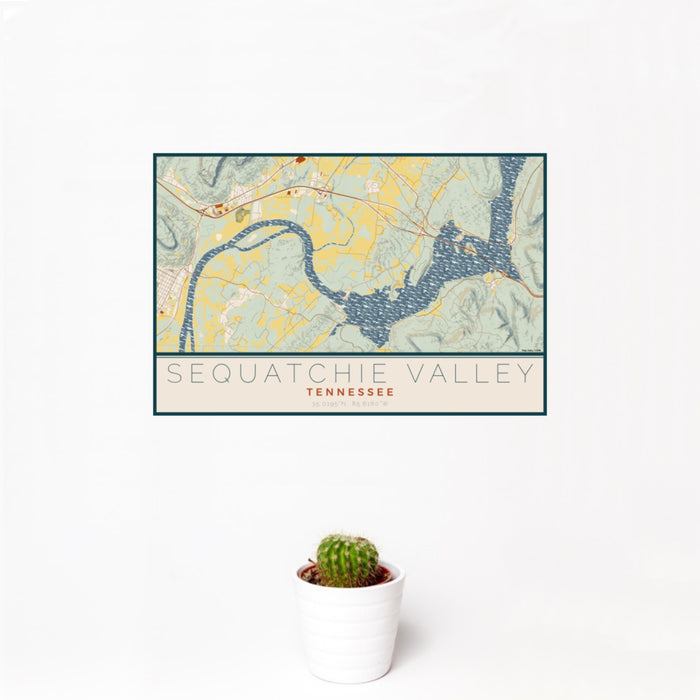12x18 Sequatchie Valley Tennessee Map Print Landscape Orientation in Woodblock Style With Small Cactus Plant in White Planter