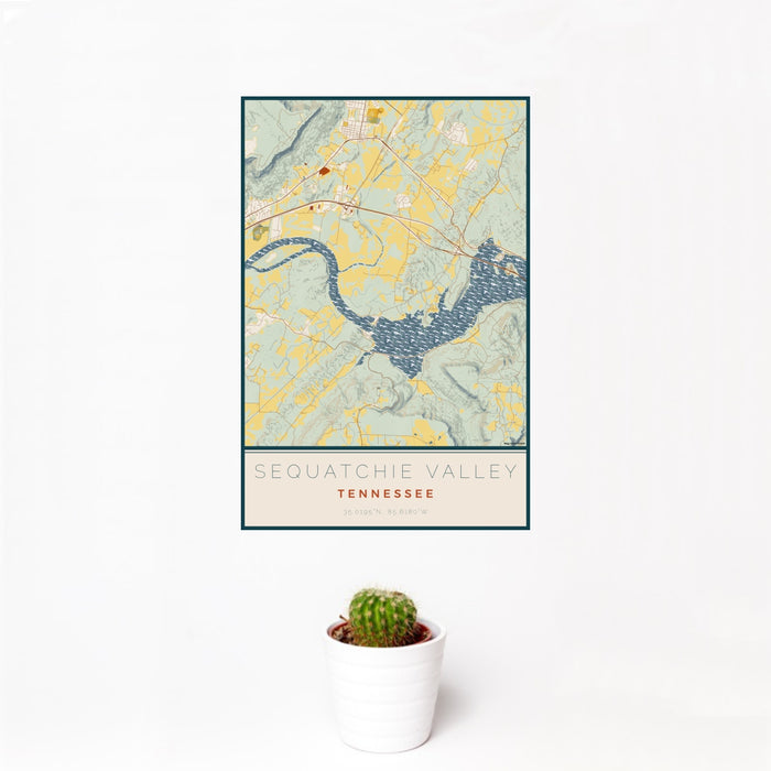 12x18 Sequatchie Valley Tennessee Map Print Portrait Orientation in Woodblock Style With Small Cactus Plant in White Planter