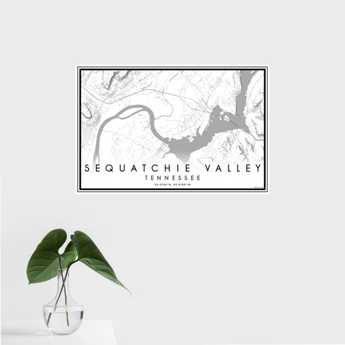 16x24 Sequatchie Valley Tennessee Map Print Landscape Orientation in Classic Style With Tropical Plant Leaves in Water