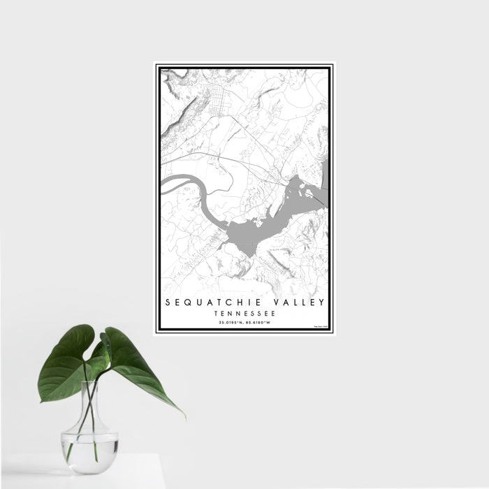 16x24 Sequatchie Valley Tennessee Map Print Portrait Orientation in Classic Style With Tropical Plant Leaves in Water