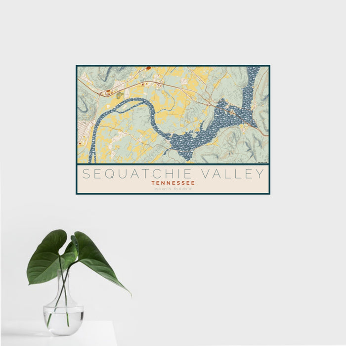 16x24 Sequatchie Valley Tennessee Map Print Landscape Orientation in Woodblock Style With Tropical Plant Leaves in Water