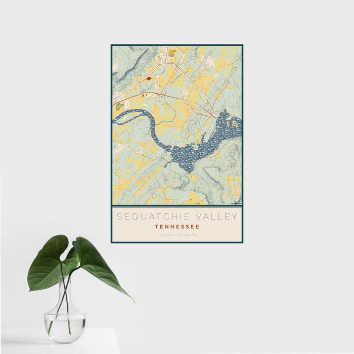 16x24 Sequatchie Valley Tennessee Map Print Portrait Orientation in Woodblock Style With Tropical Plant Leaves in Water