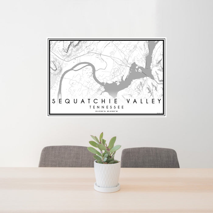 24x36 Sequatchie Valley Tennessee Map Print Lanscape Orientation in Classic Style Behind 2 Chairs Table and Potted Plant