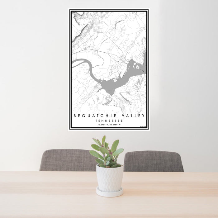 24x36 Sequatchie Valley Tennessee Map Print Portrait Orientation in Classic Style Behind 2 Chairs Table and Potted Plant