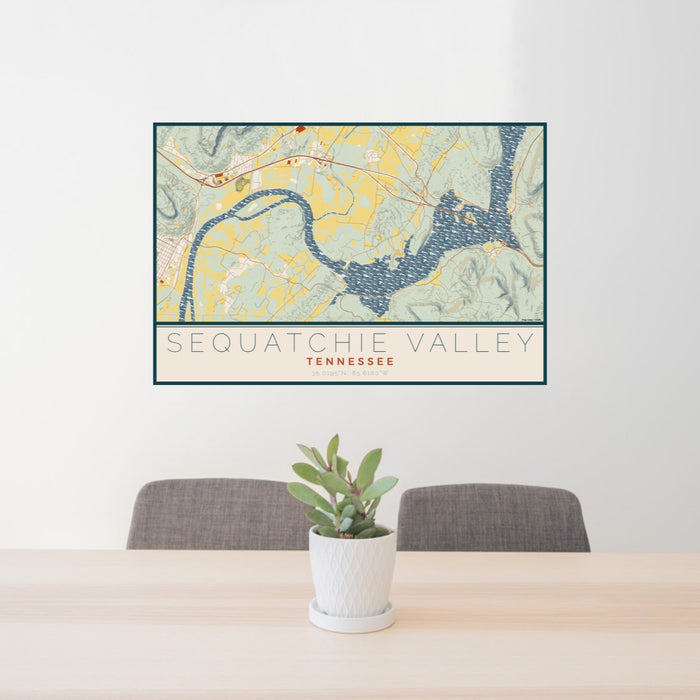 24x36 Sequatchie Valley Tennessee Map Print Lanscape Orientation in Woodblock Style Behind 2 Chairs Table and Potted Plant