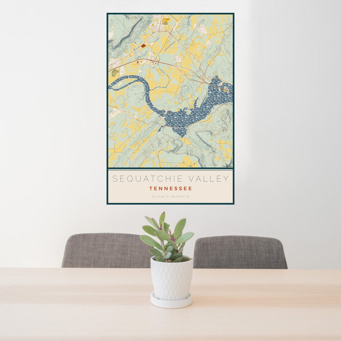 24x36 Sequatchie Valley Tennessee Map Print Portrait Orientation in Woodblock Style Behind 2 Chairs Table and Potted Plant