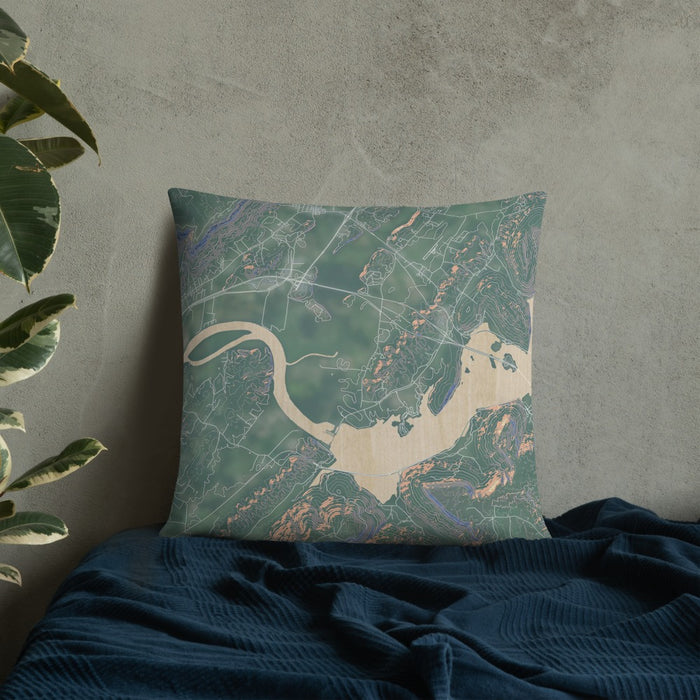 Custom Sequatchie Valley Tennessee Map Throw Pillow in Afternoon on Bedding Against Wall