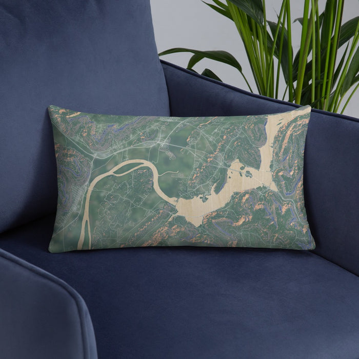 Custom Sequatchie Valley Tennessee Map Throw Pillow in Afternoon on Blue Colored Chair