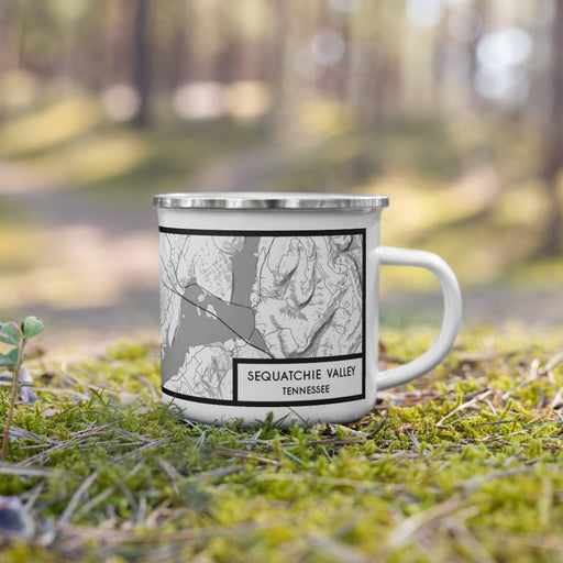 Right View Custom Sequatchie Valley Tennessee Map Enamel Mug in Classic on Grass With Trees in Background