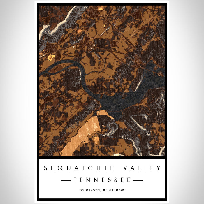 Sequatchie Valley Tennessee Map Print Portrait Orientation in Ember Style With Shaded Background