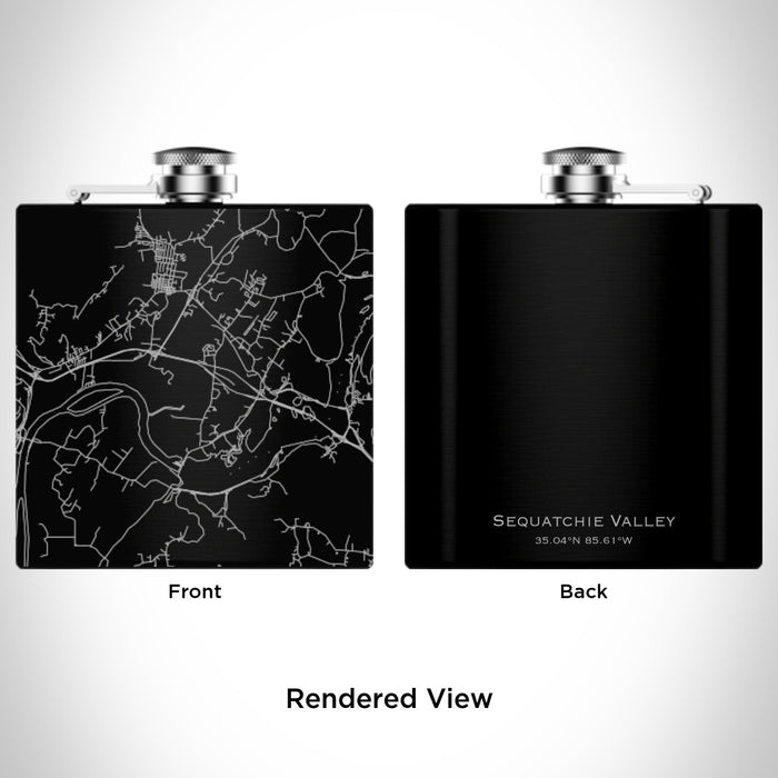 Rendered View of Sequatchie Valley Tennessee Map Engraving on 6oz Stainless Steel Flask in Black