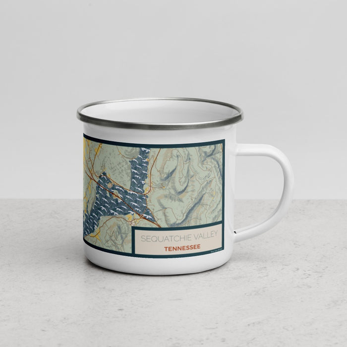 Right View Custom Sequatchie Valley Tennessee Map Enamel Mug in Woodblock