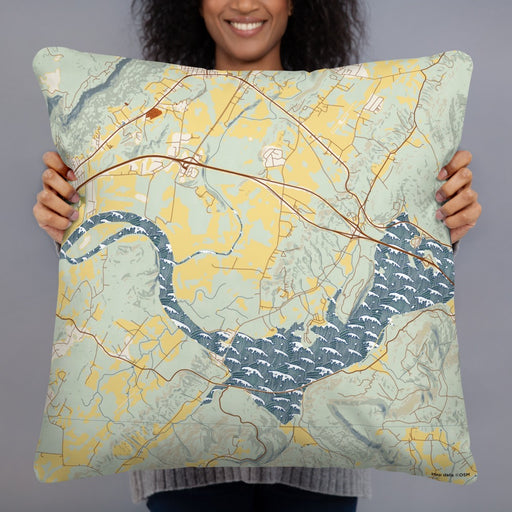 Person holding 22x22 Custom Sequatchie Valley Tennessee Map Throw Pillow in Woodblock