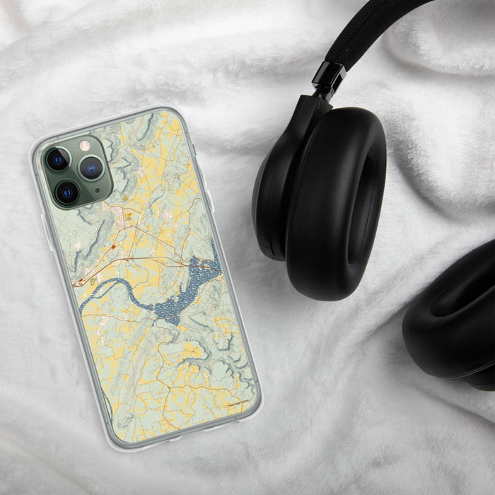 Custom Sequatchie Valley Tennessee Map Phone Case in Woodblock on Table with Black Headphones