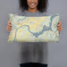 Person holding 20x12 Custom Sequatchie Valley Tennessee Map Throw Pillow in Woodblock