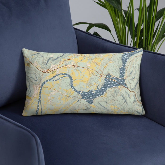 Custom Sequatchie Valley Tennessee Map Throw Pillow in Woodblock on Blue Colored Chair