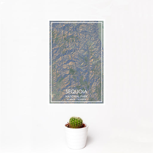 12x18 Sequoia national Park Map Print Portrait Orientation in Afternoon Style With Small Cactus Plant in White Planter