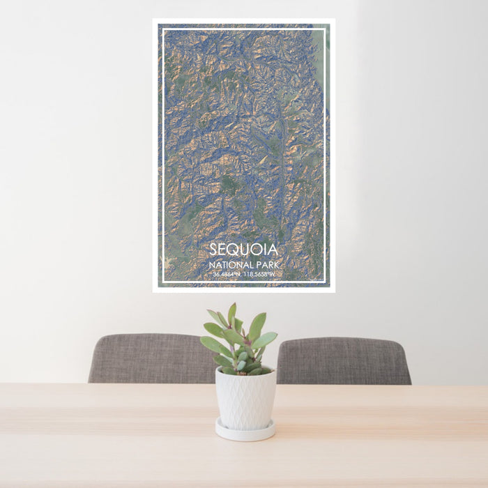 24x36 Sequoia national Park Map Print Portrait Orientation in Afternoon Style Behind 2 Chairs Table and Potted Plant