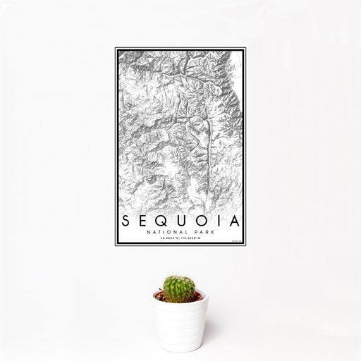 12x18 Sequoia National Park Map Print Portrait Orientation in Classic Style With Small Cactus Plant in White Planter