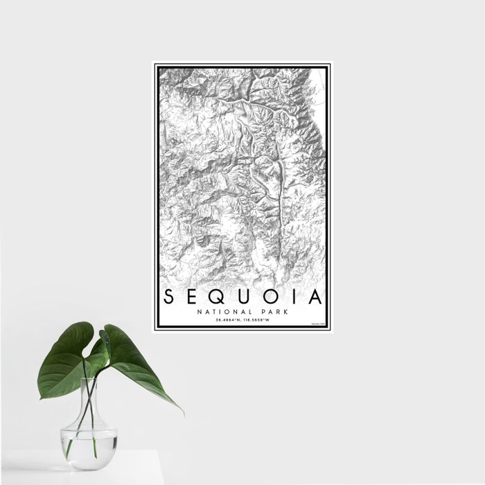 16x24 Sequoia National Park Map Print Portrait Orientation in Classic Style With Tropical Plant Leaves in Water