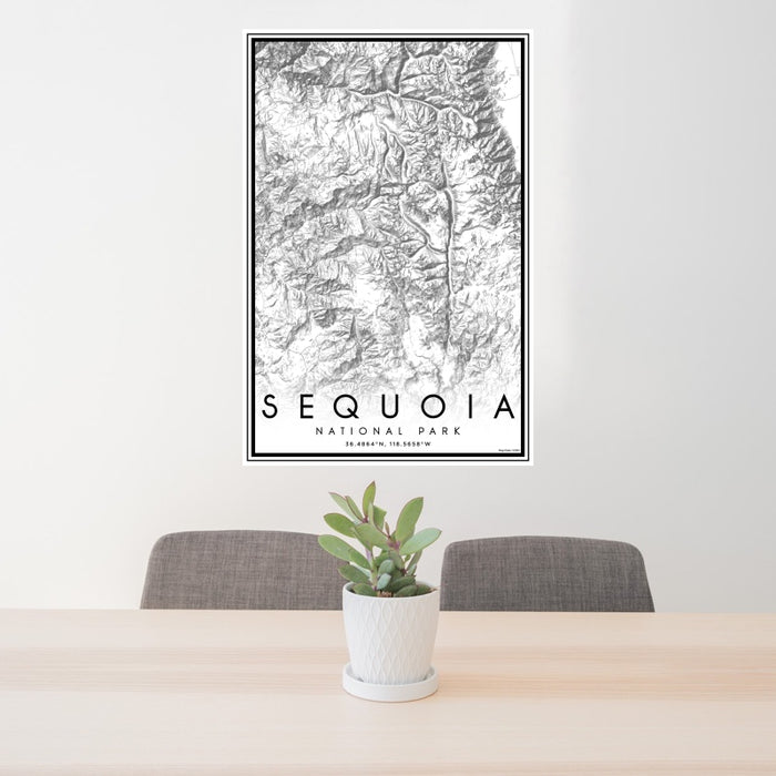 24x36 Sequoia National Park Map Print Portrait Orientation in Classic Style Behind 2 Chairs Table and Potted Plant