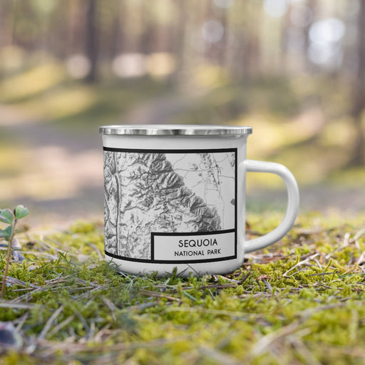 Right View Custom Sequoia National Park Map Enamel Mug in Classic on Grass With Trees in Background