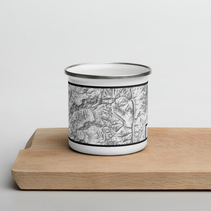 Front View Custom Sequoia National Park Map Enamel Mug in Classic on Cutting Board