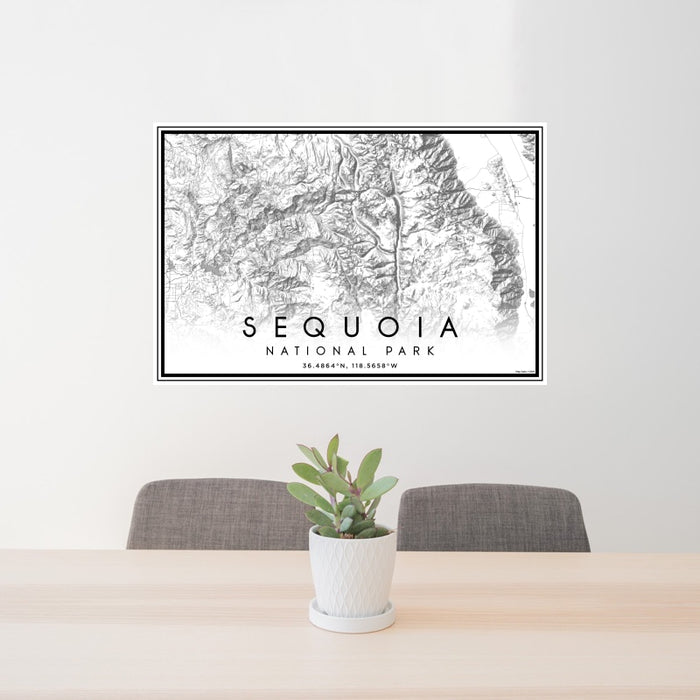 24x36 Sequoia National Park Map Print Landscape Orientation in Classic Style Behind 2 Chairs Table and Potted Plant