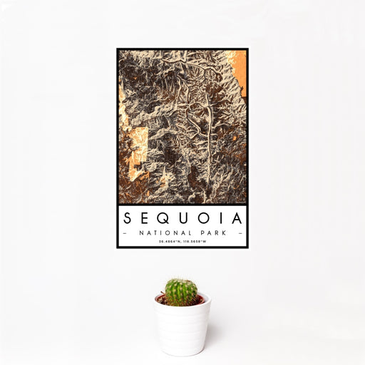 12x18 Sequoia National Park Map Print Portrait Orientation in Ember Style With Small Cactus Plant in White Planter