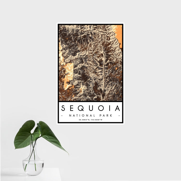 16x24 Sequoia National Park Map Print Portrait Orientation in Ember Style With Tropical Plant Leaves in Water
