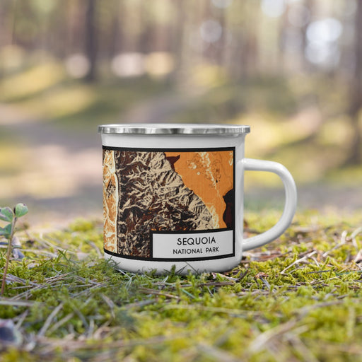 Right View Custom Sequoia National Park Map Enamel Mug in Ember on Grass With Trees in Background